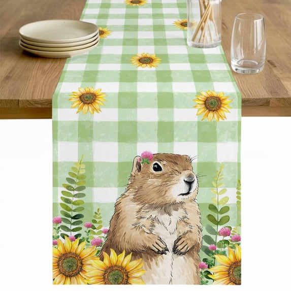 Groundhog Day Table Runner - 90 Inch Long Green Plaid Sunflower Spring Floral Cotton and Linen Blended Dress Scarves Farmhouse Table Runner for Kitchen Dining, Coffee Table, 13" x 90"