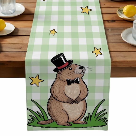 Groundhog Day Table Runner, Spring Is Coming Cartoon Groundhog Stars Grass Green Plaid Washable Kitchen Table Runners Dress Scarves for Dining Table Decorations Party, 13x36in