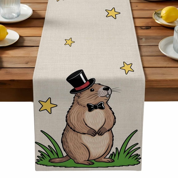 Groundhog Day Table Runner, Spring Is Coming Cartoon Groundhog Stars Grass Linen Texture Washable Kitchen Table Runners Dress Scarves for Dining Table Decorations Party, 13x36in