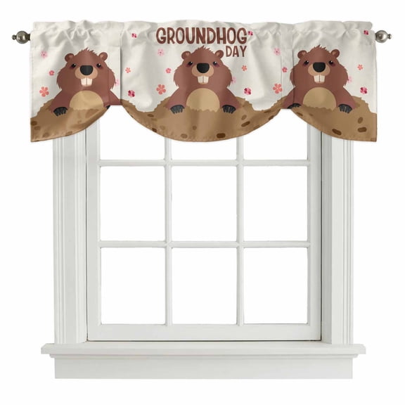 Groundhog Day Tie Up Valance Curtains for Windows, Kitchen Curtains Window Shades, Pink Cherry Blossom Cartoon Animals Vintage Light Filtering Roman Curtain Valances for Bedroom/Bathroom/Cafe 42"x12"