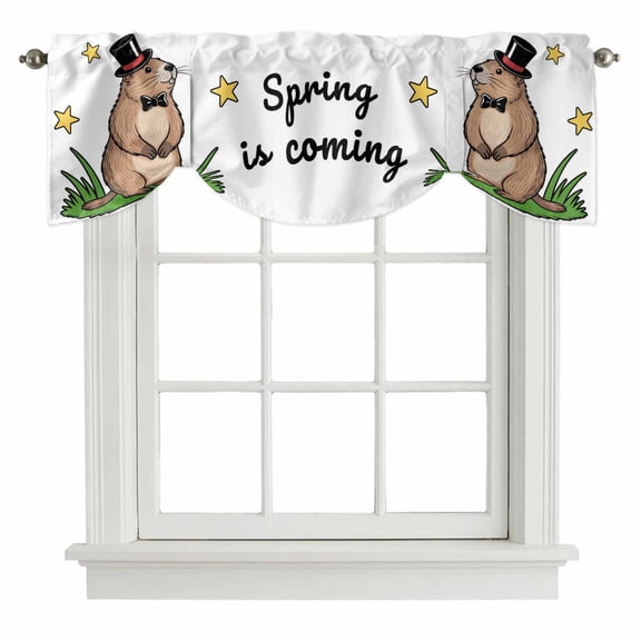 Groundhog Day Tie Up Valance for Windows, Spring Is Coming Cartoon Groundhog Stars Grass Adjustable Rod Pocket Tie Up Valance Curtains Window Treatment for Kitchen Bathroom Bedroom 42 X 12 Inch