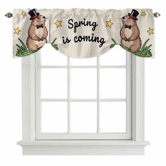 Groundhog Day Tie Up Valance for Windows, Spring Is Coming Cartoon Groundhog Stars Grass Linen Texture Adjustable Rod Pocket Tie Up Valance Curtains for Kitchen Bathroom Bedroom 42 X 12 Inch