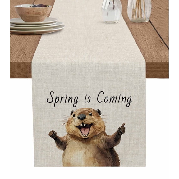 Groundhog Festival Table Runner 36 Inches, Spring Animal Pastoral Seasonal Bed Runner Dresser Scarves Tabletop for Indoor Outdoor Parties/Ceremony/Banquet, 13"x 36"
