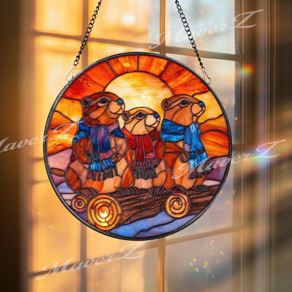 Groundhog Glass Suncatcher, Round Three Marmots with Scarves, Woodland, 6.3 in