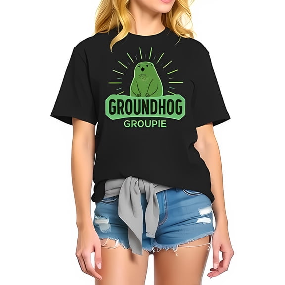 Groundhog Groupie Graphic T-Shirt for Women - Fun Black Cotton Tee with Playful Groundhog Design & Vibrant Green Text