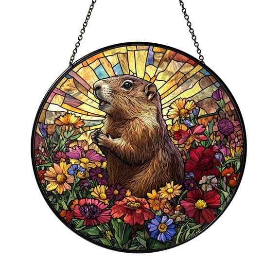Groundhog Meme Glass Suncatcher Window Ornament, Expressive Animal Scene, Cheerful Decor