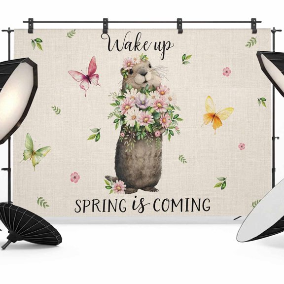 Groundhog Photography Backdrop 7x5FT, Watercolor Spring Pink Purple White Floral Butterfly Linen Texture Photo Backdrops, Background for Photography Studio, Back Drop for Photoshoot