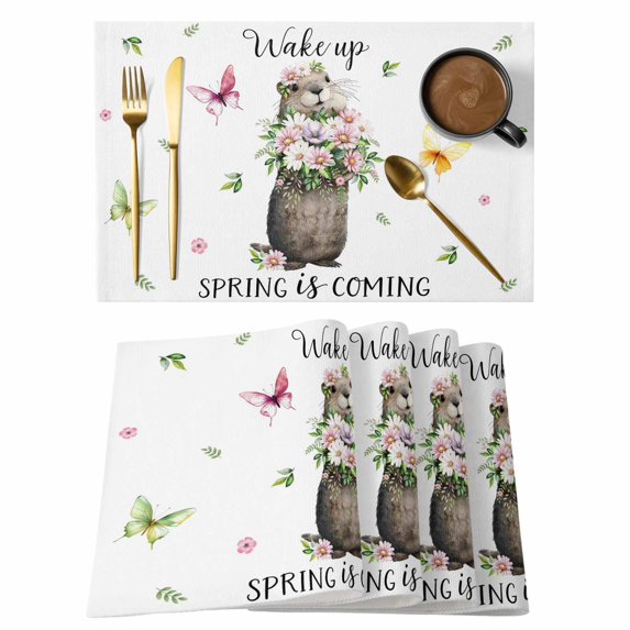 Groundhog Placemats Set of 12, Spring Floral Butterfly Botanical Placemats for Dining Table, Place Mats for Kitchen Tabletop, Waterproof Wipeable Dining Table Mats Set