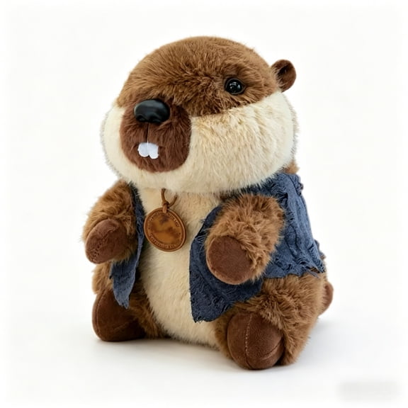 Groundhog Plush, Denim Vest Groundhog Doll Fluffy Wildlife Rodent Stuffed Animal Cuddly Rustic Groundhog Companion for Sofa and Gift Giving