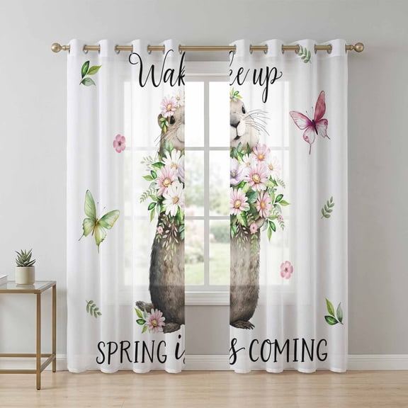 Groundhog Sheer Curtains 96 Inch Long 2 Panels, Watercolor Spring Pink Purple White Floral Leaf Butterfly Light Filtering Semi Sheer Drapes Grommet Voile Window Curtain for Living Bedroom W52 x L96