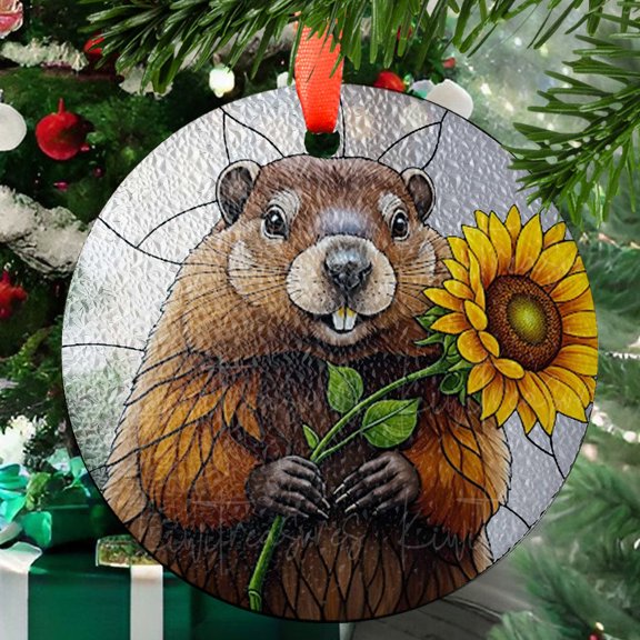 Groundhog With Sunflower GLASS Suncatcher, Groundhog Lover Decor, Groundhog Gift, Sunflower Lover Gift, Animal Lover Decor, Animal Gift, Ornament 2025, Holiday 2025, Seasonal