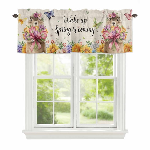 Groundhog Window Valance for Kitchen, Watercolor Spring Yellow Purple Pink Floral Butterfly Linen Texture Rod Pocket Short Curtain for Small Windows, Light Filtering Decorative Valance, 56 x 16 Inch