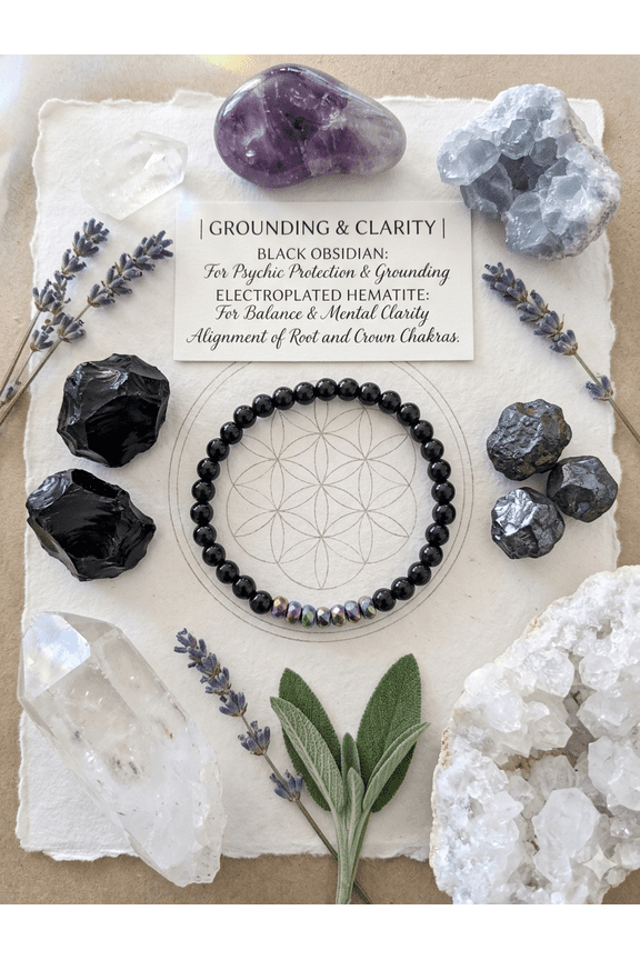 Grounding & Clarity Energy Bracelet Deep Protecting Black Obsidian & Iridescent Rainbow Hematite Accent Beads Combo