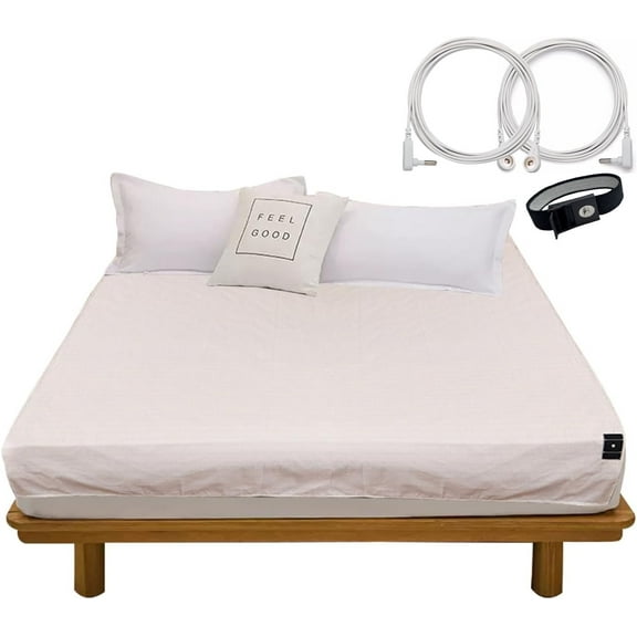 Grounding Fitted Sheet Kit, Conductive Sheet with Silver Fiber, Grounding Cord, Grounding Bed Cover for Efficient Sleep, Reduce Stress Natural Health,White (Queen)