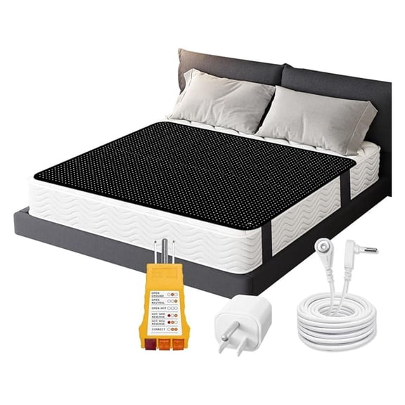 Grounding Mat for Bed, Conductive Carbon Fiber PU Leather Grounding Mattress Pad 54"x78" with Outlet Tester,Adapter,Cord