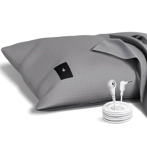 Grounding Pillowcase, 90% Organic Cotton and 10% Silver Fiber Grounding Pillow Case with 15ft Grounding Cord, Gray Sleep Pillow 20x30 inch for Improve Sleep Improving Energy