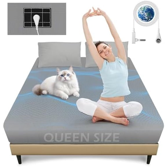 Grounding Sheet Queen Size, Grounding Fitted Sheet with 5% Pure Silver Fiber + 95% Organic Cotton, Earth Conductive Bed Sheets Kit with Grounding Cord for Better Sleep (60" x 80" x 15" Gray)