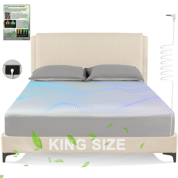 Grounding Sheets King Size,Earth Grounded Fitted Bed Sheet 10% Pure Silver Fiber + 90% Organic Cotton, Bed Grounding Kit with grounding Cord for Improved Sleep & Wellness(Gray,King - 80"x78"x15")