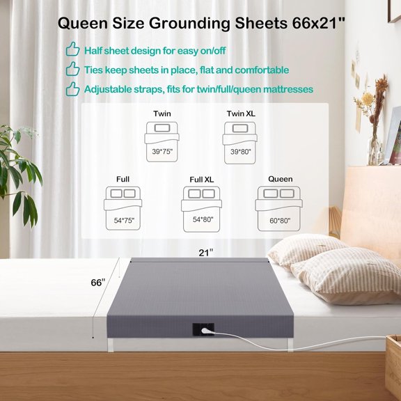 Grounding Sheets: Earthing Fitted Bed Sheets with Adjustable Straps -Conductive Silver Fiber Grounded Sheets for Sleep -Grounding Mat for Bed with Cord and Tester (Grey,66x21)$$Bedding