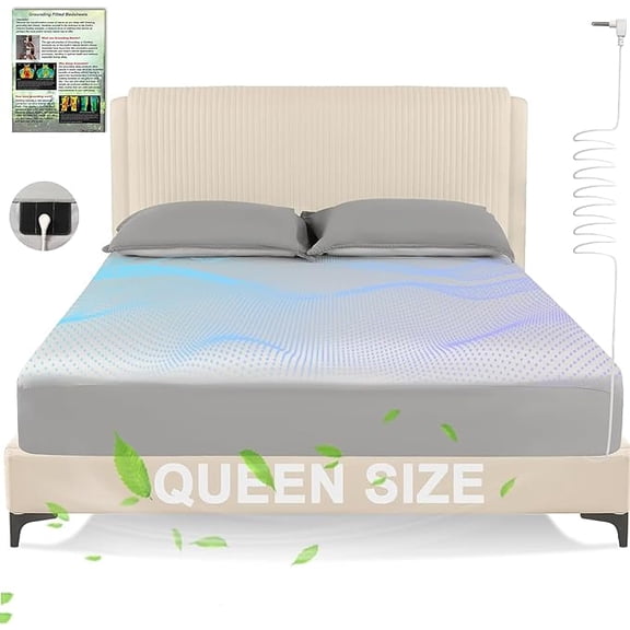 Grounding Sheets Queen Size, Earth Grounded Fitted Bed Sheet with 10% Pure Silver Fiber + 90% Organic Cotton, for Improved Sleep & Wellness (Gray, Queen - 80"x60"x15")