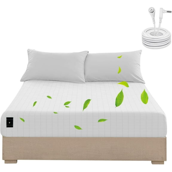 Grounding Sheets Queen Size, Grounding Fitted Sheet 60x80x15 in,10% Pure Silver Fiber, Grounded Bed Sheets for Improved Sleep & Wellness (White, Queen)