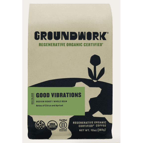 Groundwork Good Vibrations Medium Roast Whole Bean Certified Regenerative Organic Coffee, 10 oz