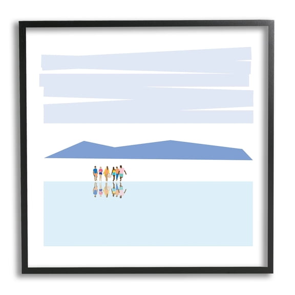 Group At Beach Reflection In Water Abstract Mountains Coastal Framed Art Print Wall Art, 17x17