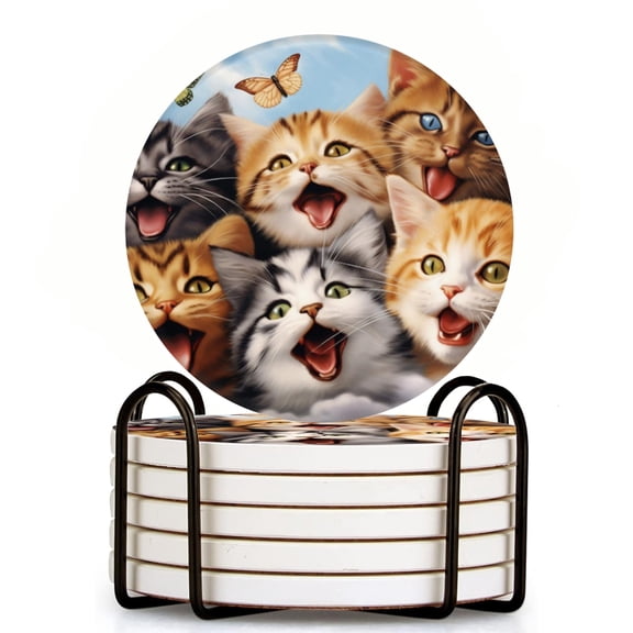 Group Of Cats With Butterfly Eyes With Laughing And Singing Set of 6 Ceramic Coasters with Holder, Absorbent Drink Bar Coasters, Table Coasters for Living Room Decor Tabletop Protection