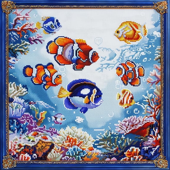 Group of Colorful Sea Fish Swimming DIY 11CT Stamped Cross Stitch Kits for Beginners Easy Needlepoint Embroidery Counted Cross Stitch Art Craft for Wall Decoration 14x14inch(2)