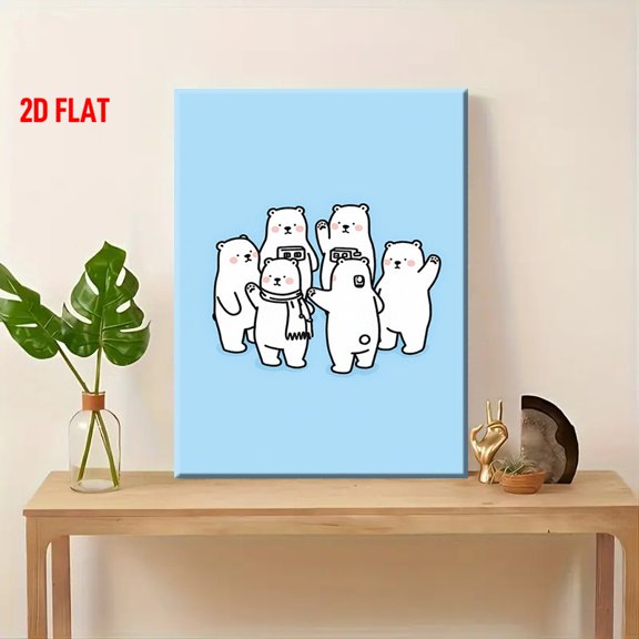 Group Cute White Bear Wall Art - Bear Family Picture with Expressive Eyes & Rosy Cheeks - Soft Blue Background Wrapped Canvas Frame, 2D Flat