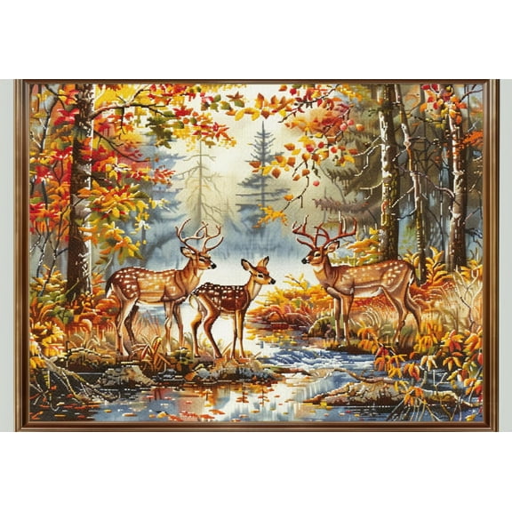 A Group of Deer in Forest DIY 11CT Stamped Cross Stitch Kits for Beginners Easy Needlepoint Embroidery Counted Cross Stitch Art Craft for Wall Decoration 12x16inch(2)
