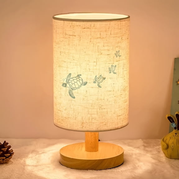 Group of Little Sea Turtles Printed Ambient Bedside Lamp, Nordic Natural Wood-Colored Table Lamp, LED Light Suitable for Bedroom And Dormitory, Indoor LED Lamp with Fabric Lampshade