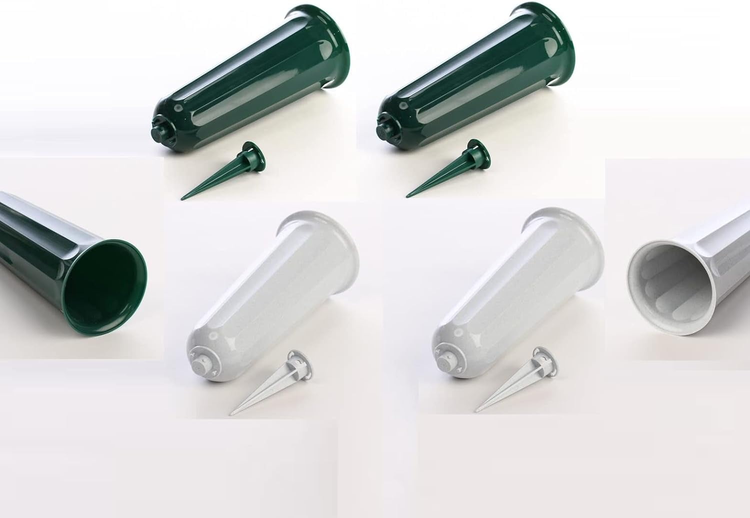 Group Of 6 Green And Stone Gray Plastic Memorial Cemetery Cone Vases