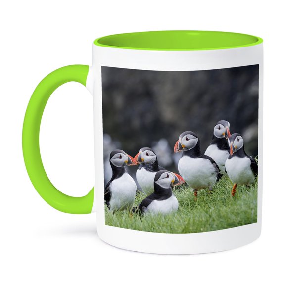 3drose, Group of Atlantic Puffins on Mykines, Faroe Islands, Denmark., 11oz Two-tone Green Mug