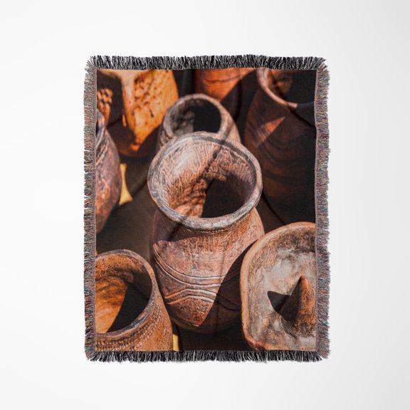 Group Of Ceramic Pottery Made In An Ancient Style, Woven Blanket