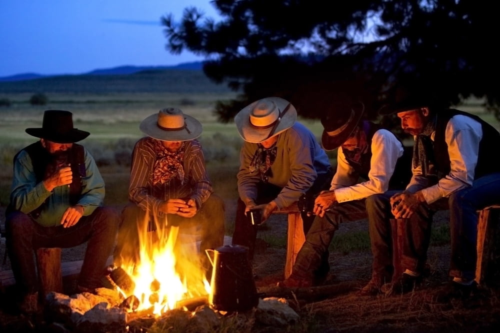Group Of Cowboys Around A Campfire Canvas Art - Richard Wear Design Pics (17 x 11)