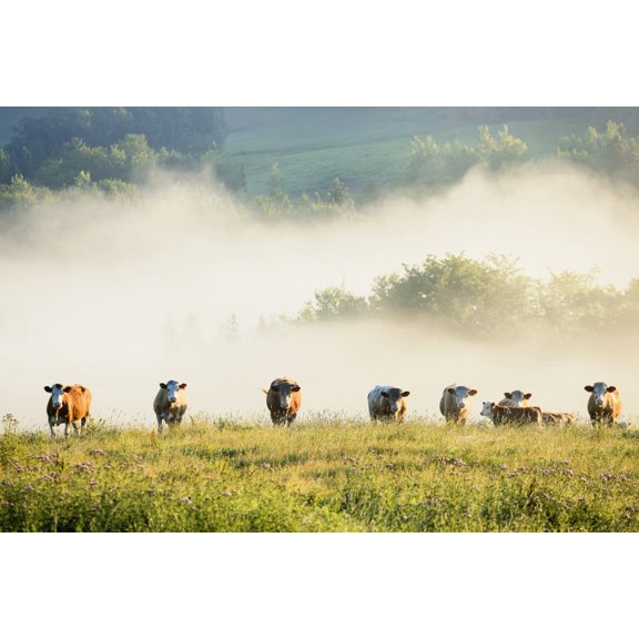 Group Of Cows In The Fog Chesterville Quebec Canada Canvas Art - Yves Marcoux Design Pics (18 x 12)