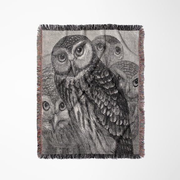 Group Of Four Owls - Black And White Owl Engraving Etching - Detailed Fine Art Birds - Night Animals, Woven Blanket