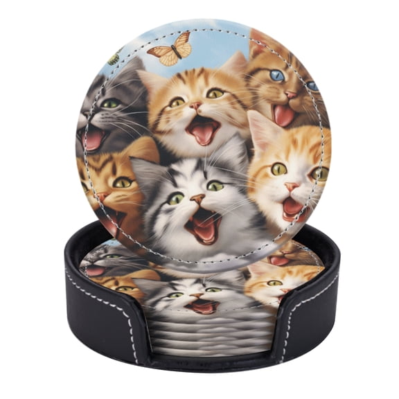 PU Leather Coasters for Drinks Bar Beer,Set of 6 with Holder,Round Housewarming Gift,Group Of Happy Smiling Cats In The Clouds
