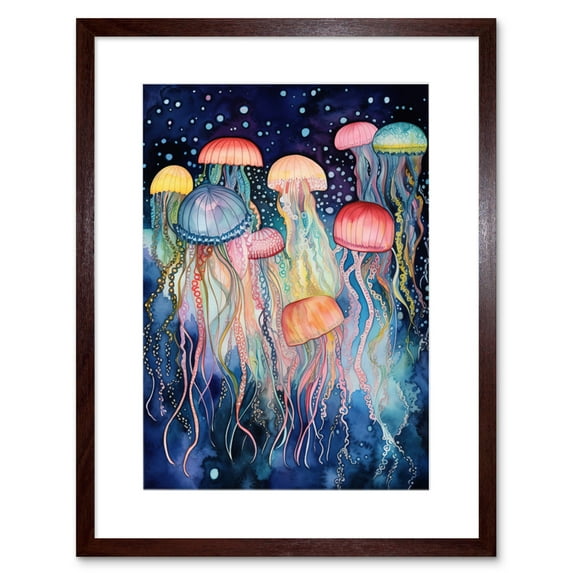 Group Of Jellyfish Multicoloured Folk Art Watercolour Painting Artwork Framed Print Wall Art 9X7 Inch
