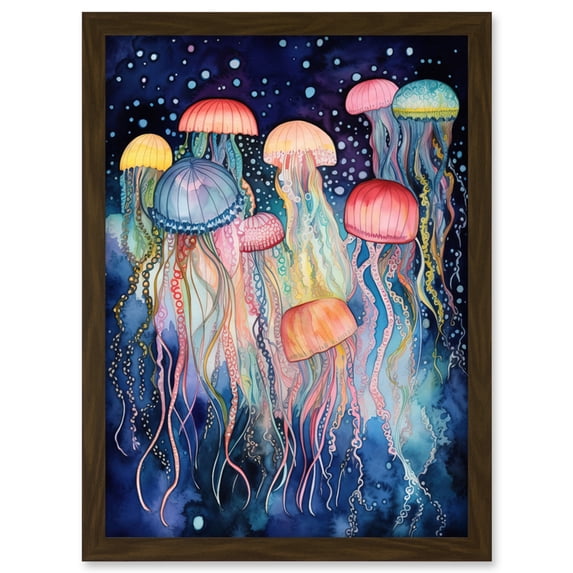 Group Of Jellyfish Multicoloured Folk Art Watercolour Painting Artwork Framed Wall Art Print A4