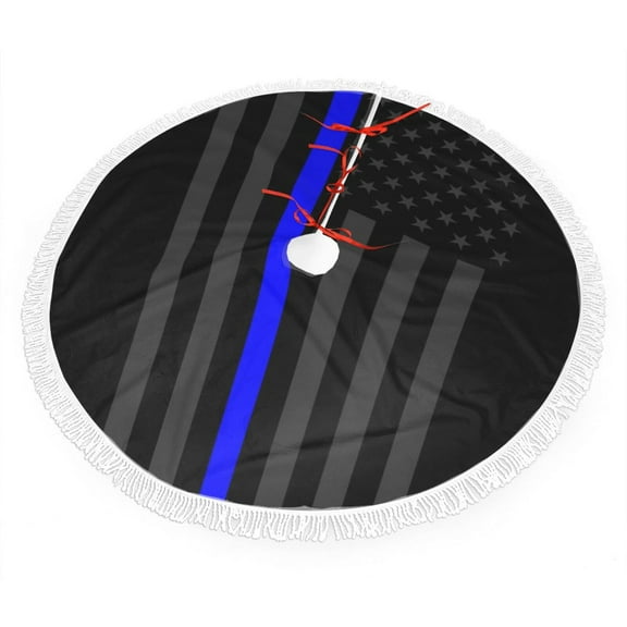 Group Of Thin Blue Line Flag Christmas Tree Skirt Tassel Lace for Xmas Ornaments Decoration 30"