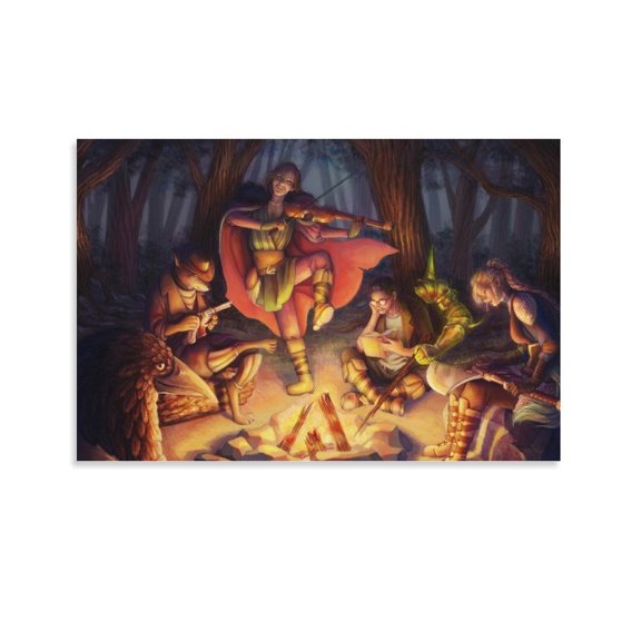 A Group Of People Sitting Around A Campfire In The Forest Poster Decorative Painting Canvas Wall Art Living Room Posters Bedroom Painting,Unframe-style,08x12inch(20x30cm)