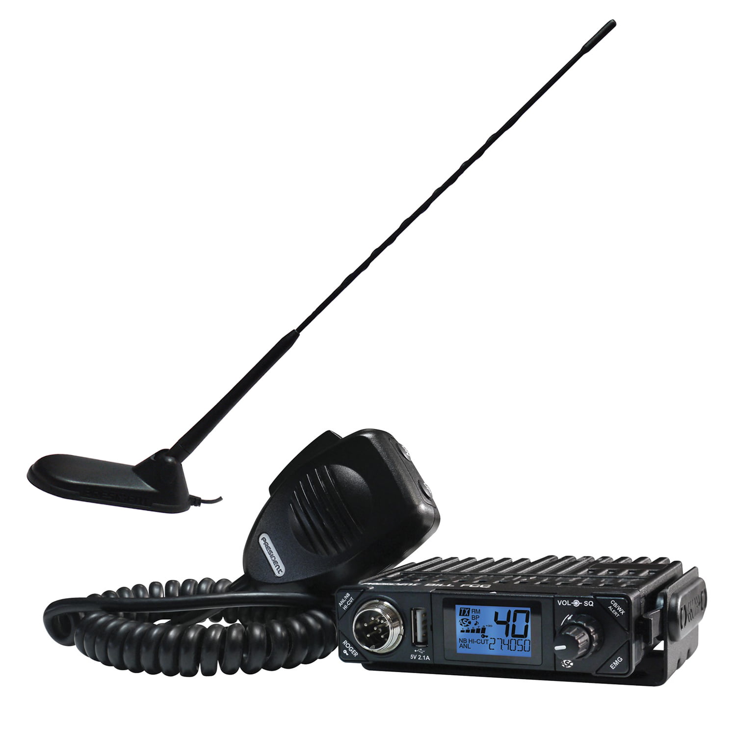 President Electronics BILL CB Radio, 40 Channels AM, 12 Volts, USB 5V/2.1A,  Up/Down Channel Selector, Volume Adjustment and ON/OFF, Manual Squelch and