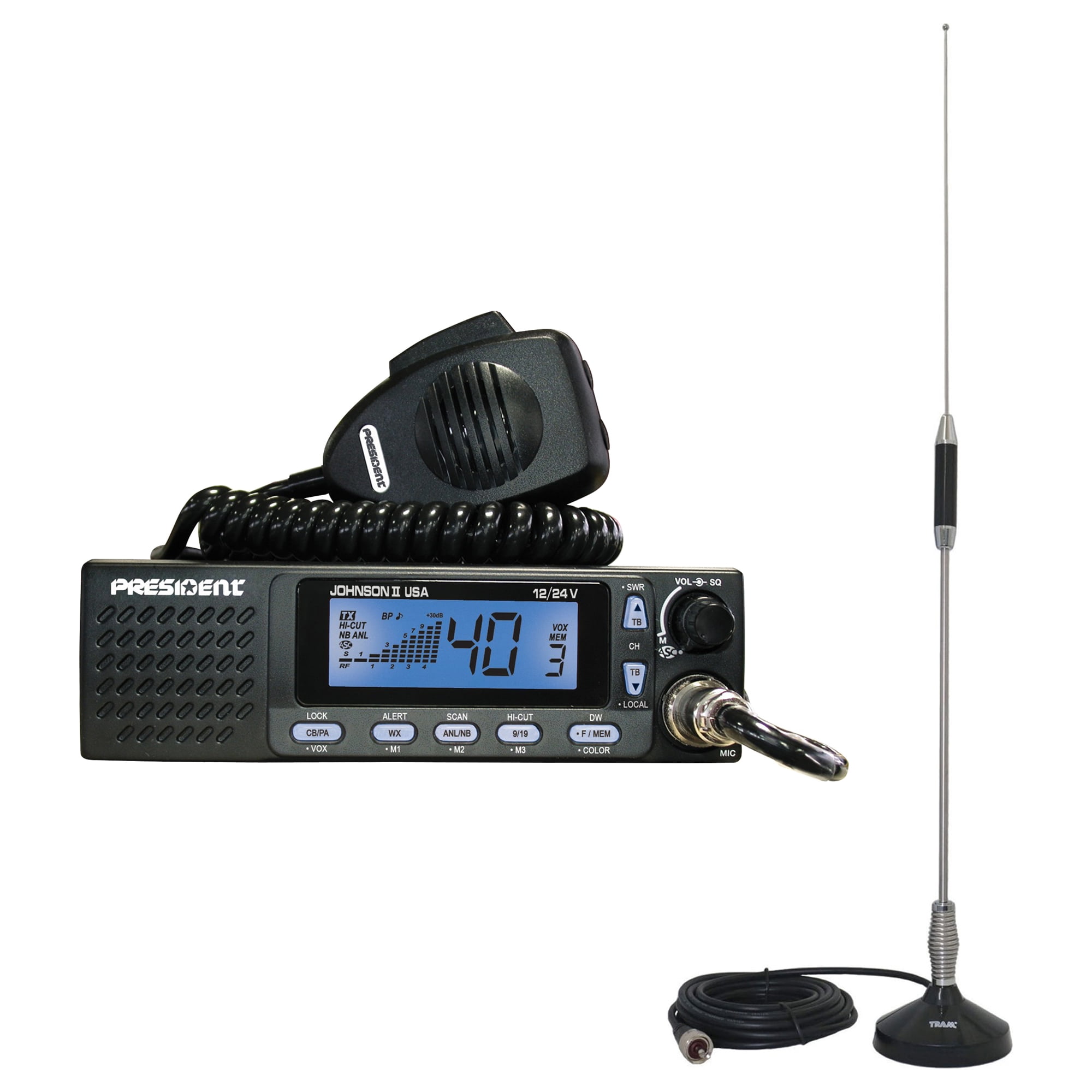 Group President Electronics Txus667 Johnson II USA 12/24V CB Radio & Tram 703-HC CB Antenna Kit