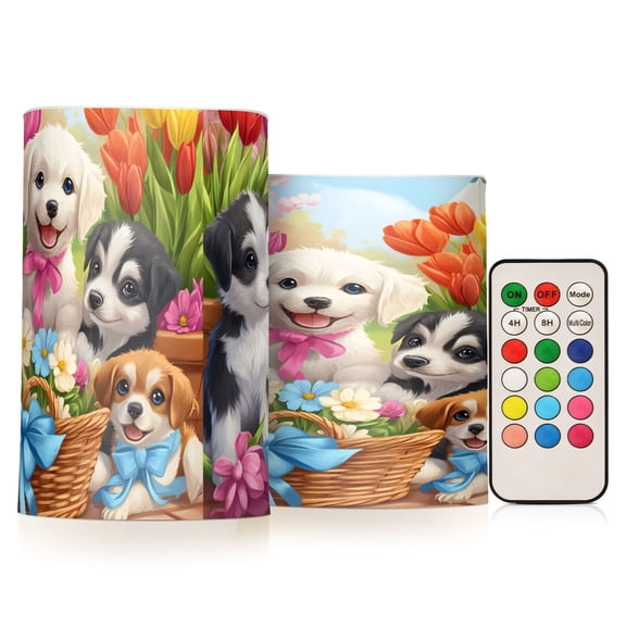 Group Puppies Golden Tulip Flickering Flameless Candles Battery Operated with Remote Timer LED Pillar Candles Set of 2