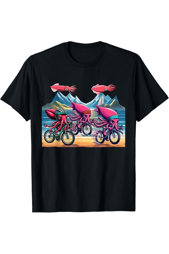 Group Squids Riding Bicycle Costume Biking Lover Fisher T-Shirt