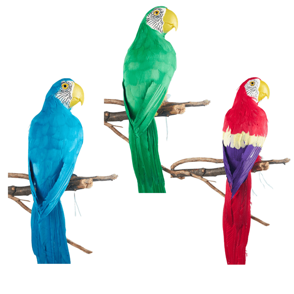 Group of 3 Large Faux Feathered Red, Blue and Green Macaw Parrots - For Tropical Displays, Summer Parties, Photo Props & Halloween Costumes