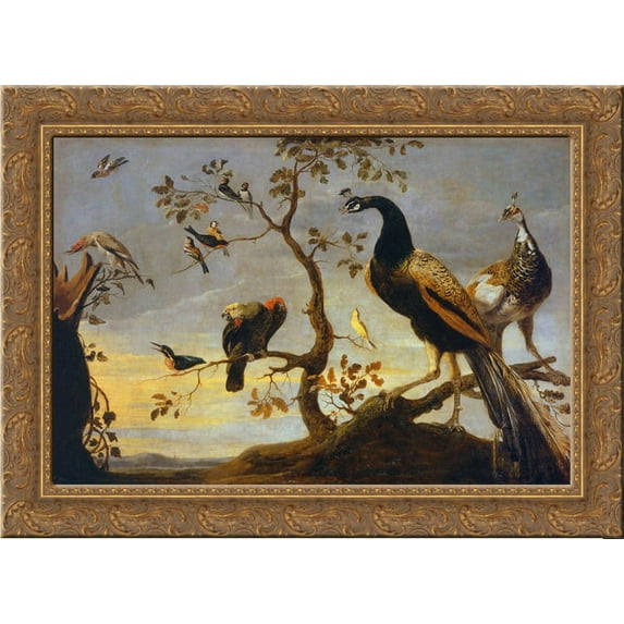 Group of Birds Perched on Branches 24x18 Gold Ornate Wood Framed Canvas Art by Frans Snyders