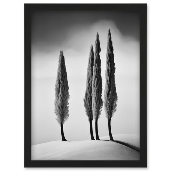 Group of Cypress Trees on Snowy Hill Minimalist Black and White Photograph Cypresses in Foggy Winter Landscape Artwork Framed Wall Art Print A4